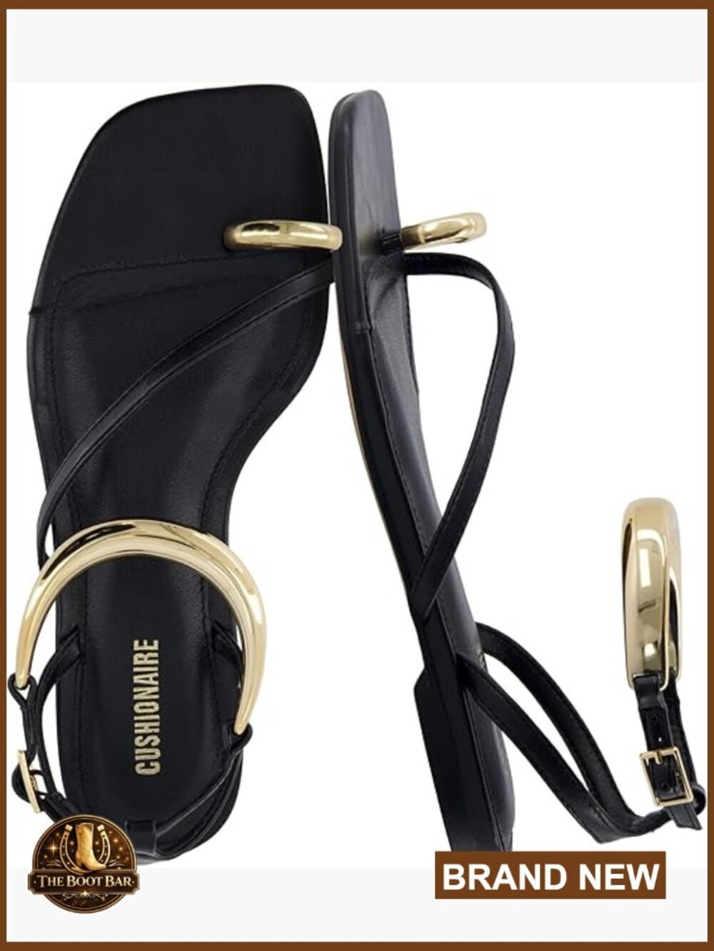 Flat Sandals with Gold Ankle Cuff and Toe Ring, Vegan Leather Dress Sandals